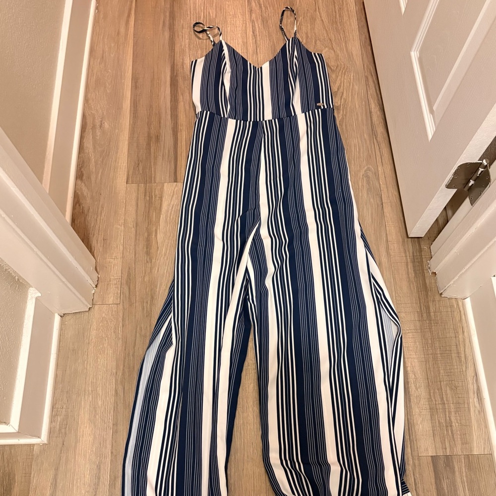 Guess Dark Blue and White Striped Jumpsuit